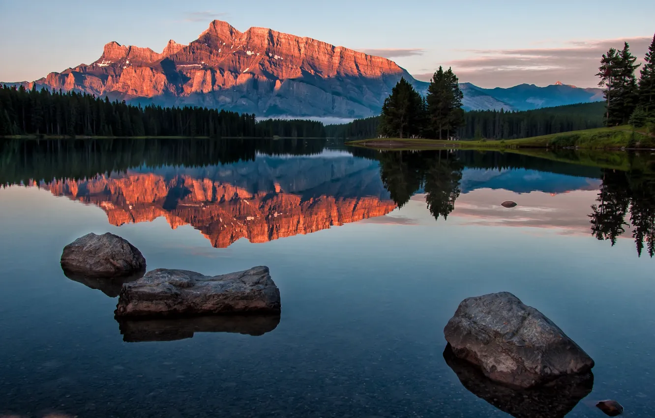 Фото обои пейзаж, горы, природа, озеро, отражение, камни, рассвет, утро