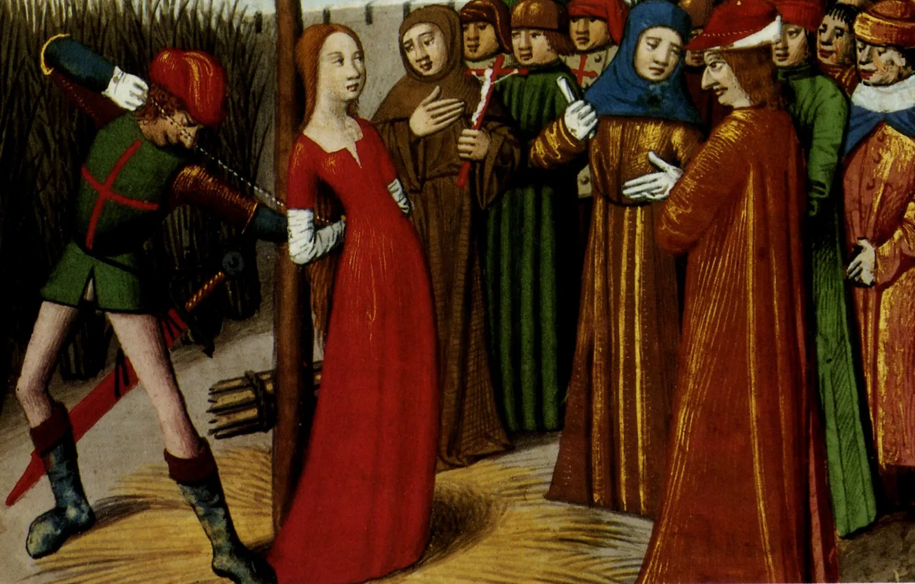 Фото обои Миниатюра, Жанну привязывают к столбу, XV века