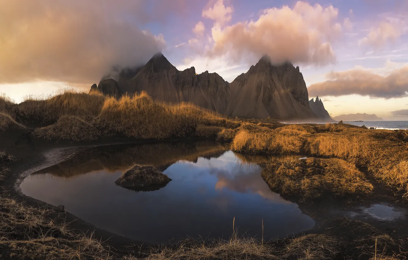 Фото обои горы, утро, Исландия, Iceland, Stokksnes