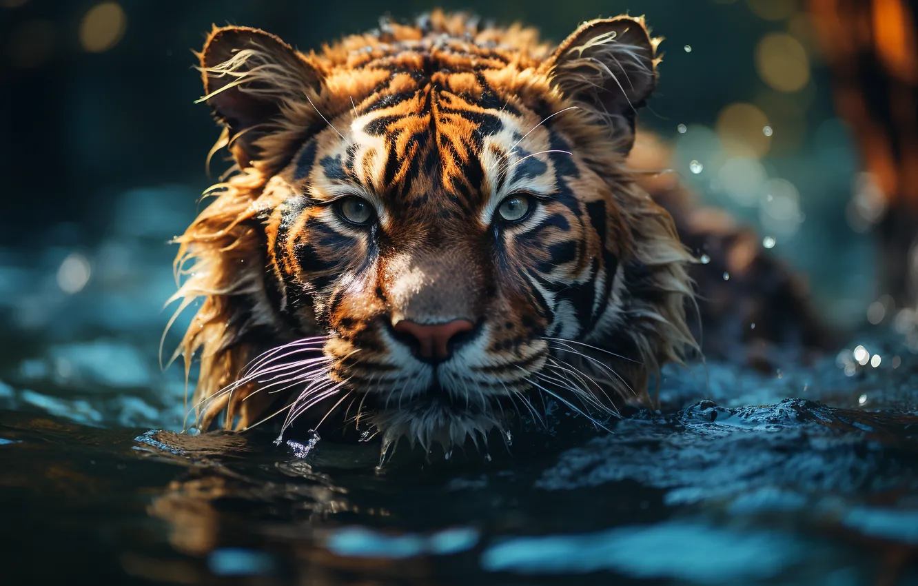Фото обои Вода, Взгляд, Тигр, Морда, Хищник, Цифровое искусство, Большая кошка, Бенгальский