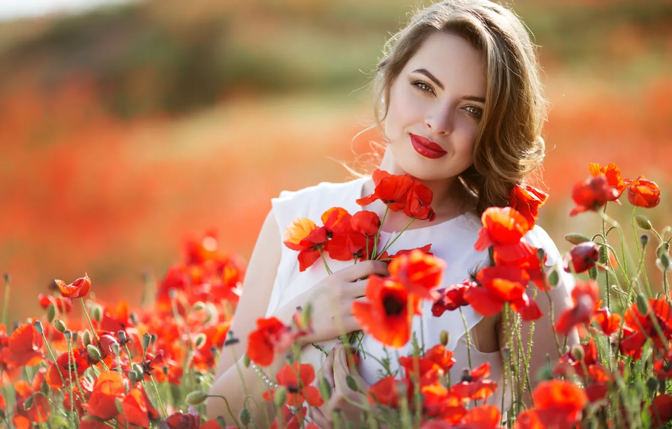 Фото обои взгляд, девушка, цветы, маки