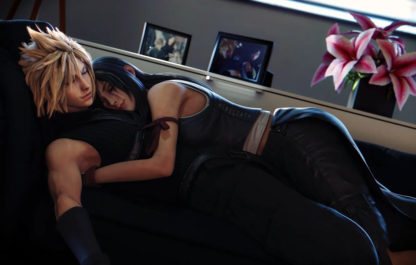 Фото обои девушка, романтика, парень, двое, спят, Final Fantasy VII, Cloud Strife, Tifa Lockhart