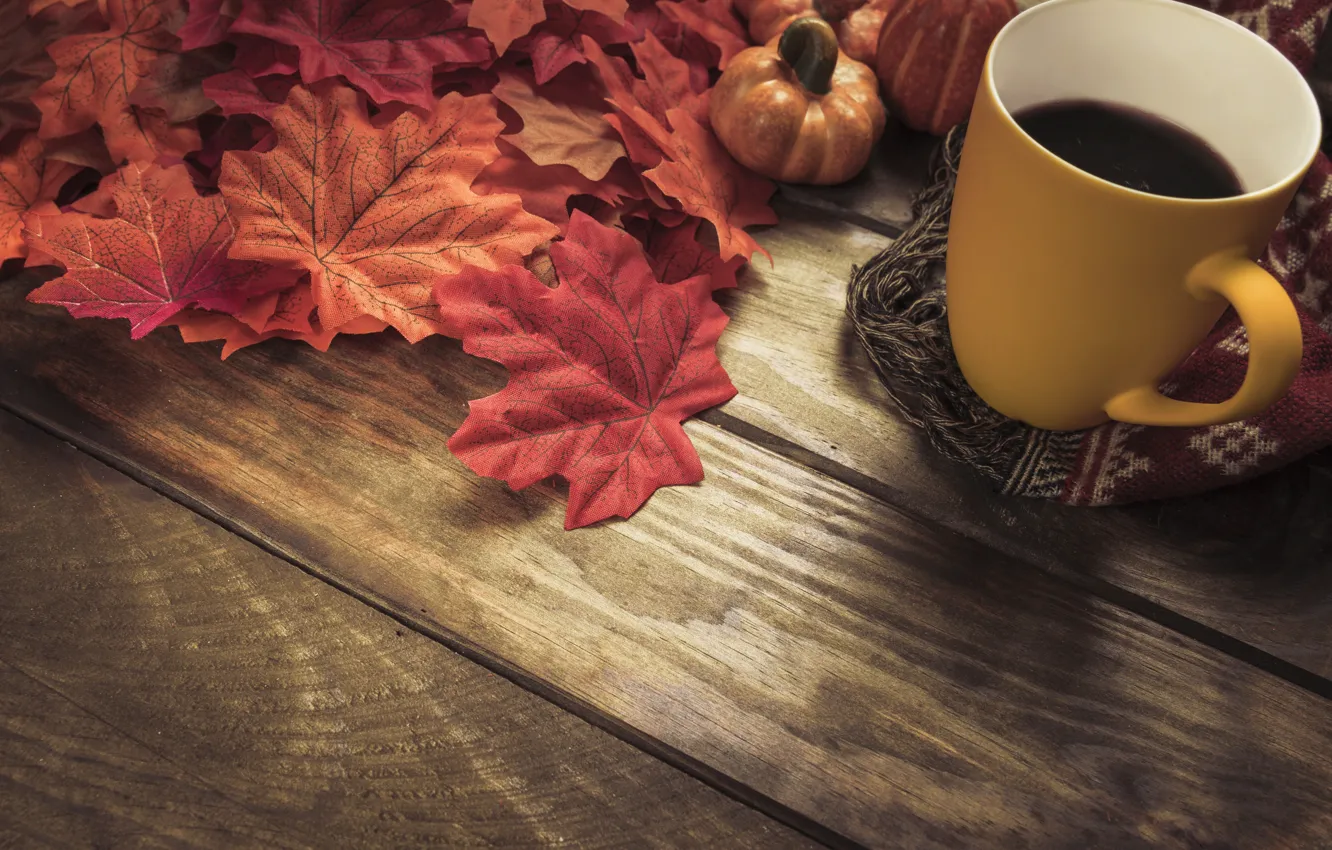 Фото обои осень, листья, фон, дерево, кофе, colorful, шарф, чашка