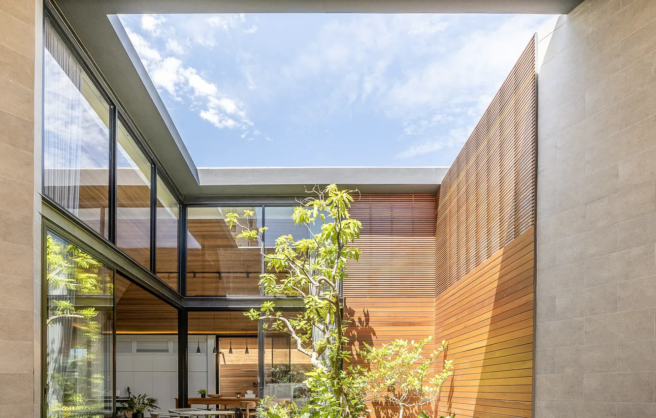 Фото обои небо, дизайн, растения, дворик, The Roof House