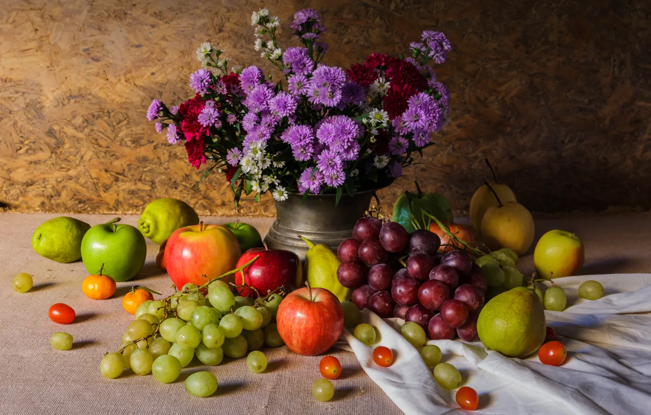 Фото обои цветы, яблоки, букет, виноград, фрукты, натюрморт, груши, flowers