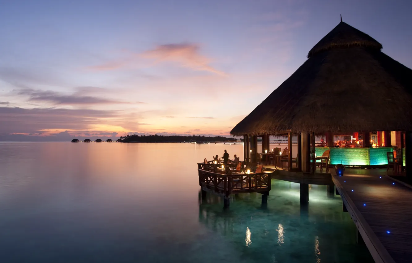 Фото обои океан, вечер, ресторан, курорт, sunset, grill, Maldives, restaurant