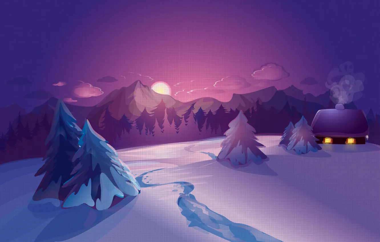 Фото обои Природа, Зима, Снег, Ель, Пейзаж, Рассветы и закаты, Векторная графика
