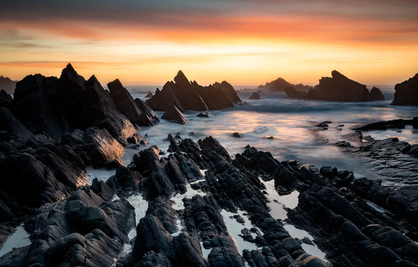 Фото обои море, закат, скалы