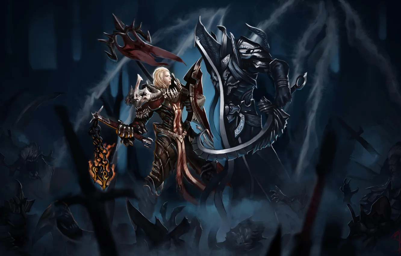 Фото обои девушка, оружие, армия, арт, битва, нежить, Diablo III, Malthael