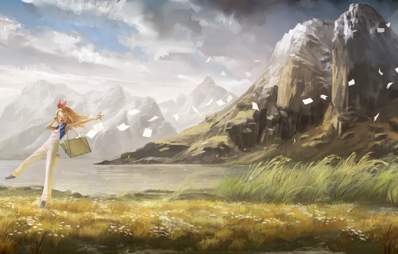Фото обои девушка, пейзаж, горы, озеро, бумага, эмоции, ветер, арт