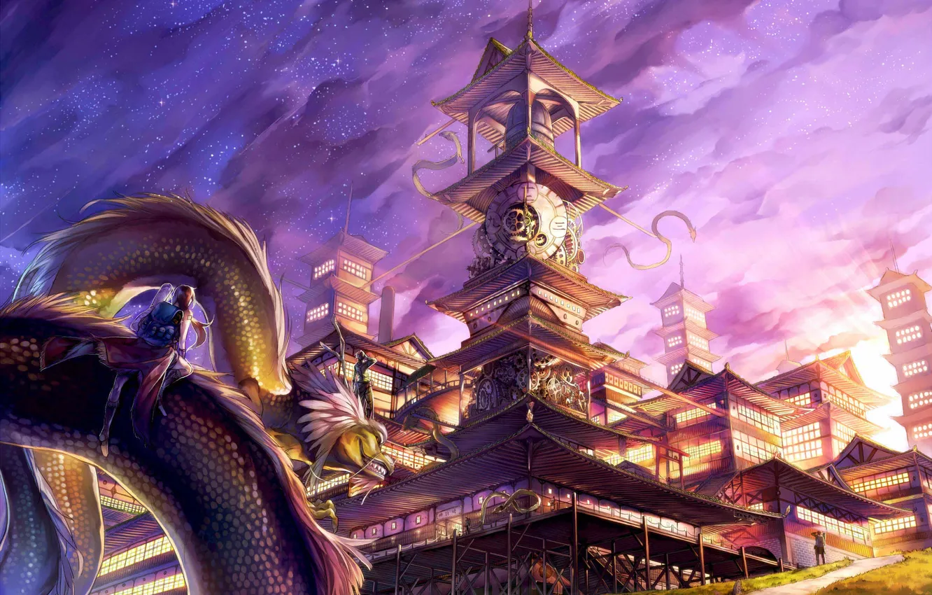 Фото обои город, дракон, фэнтези, арт, rby, shikihara mitabi