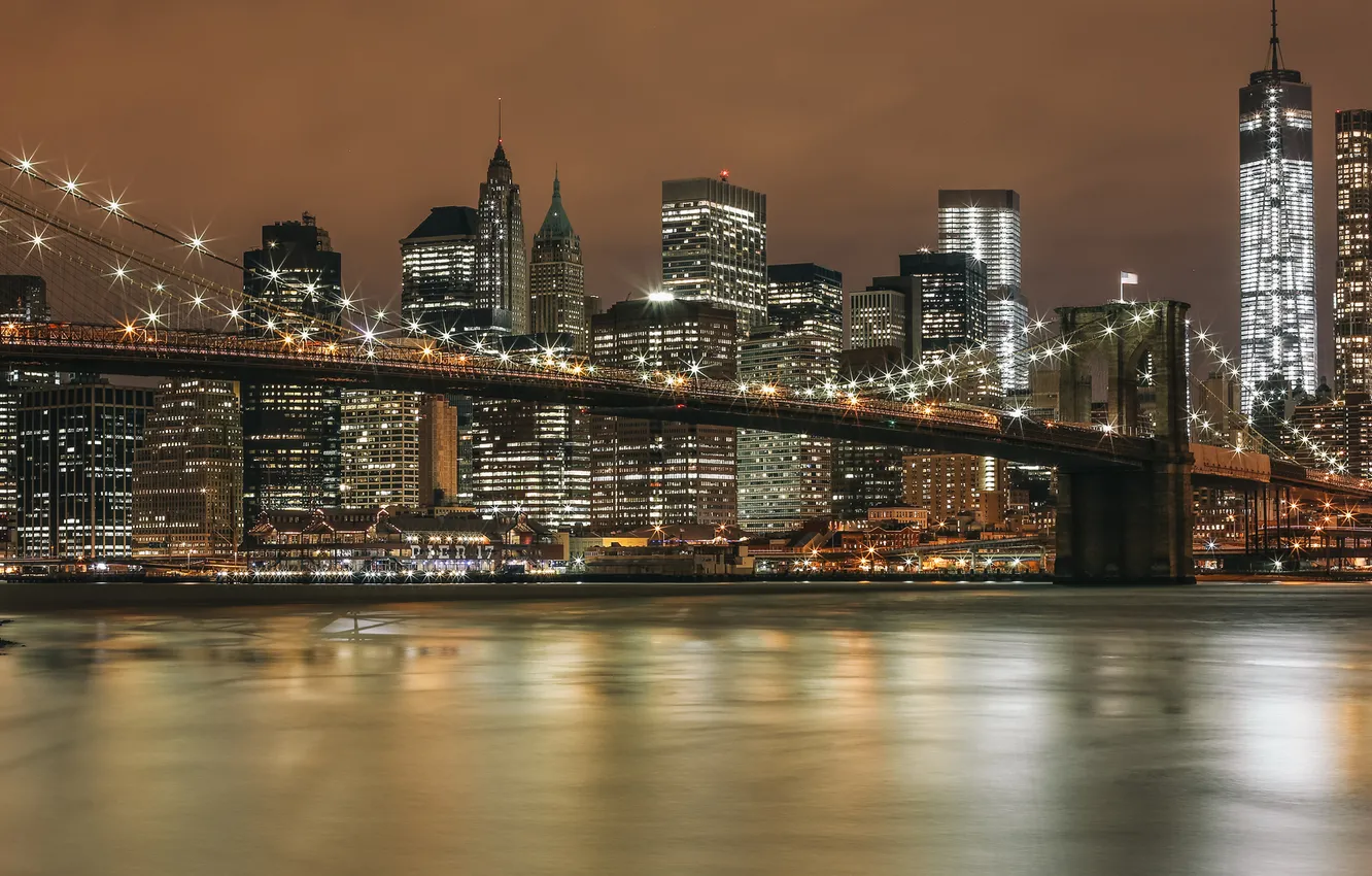 Фото обои ночь, мост, город, огни, вид, здания, дома, Нью-Йорк