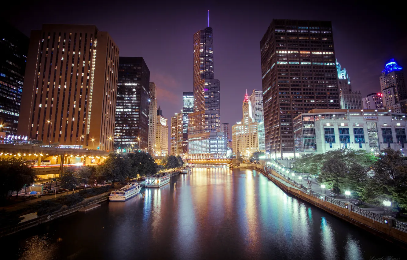 Фото обои ночь, город, огни, река, небоскребы, Чикаго, Chicago, Иллиноис