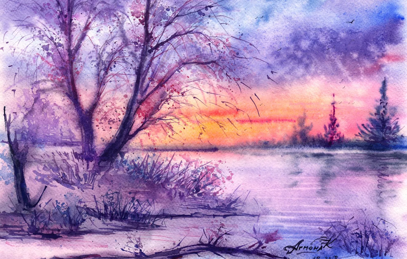 Фото обои зима, деревья, птицы, река, акварель, нарисованный пейзаж