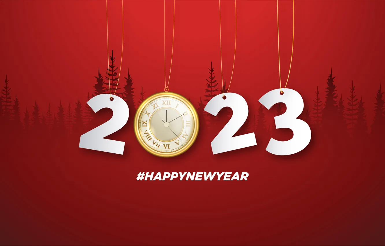 Фото обои лес, надпись, часы, новый год, ели, силуэт, цифры, белые