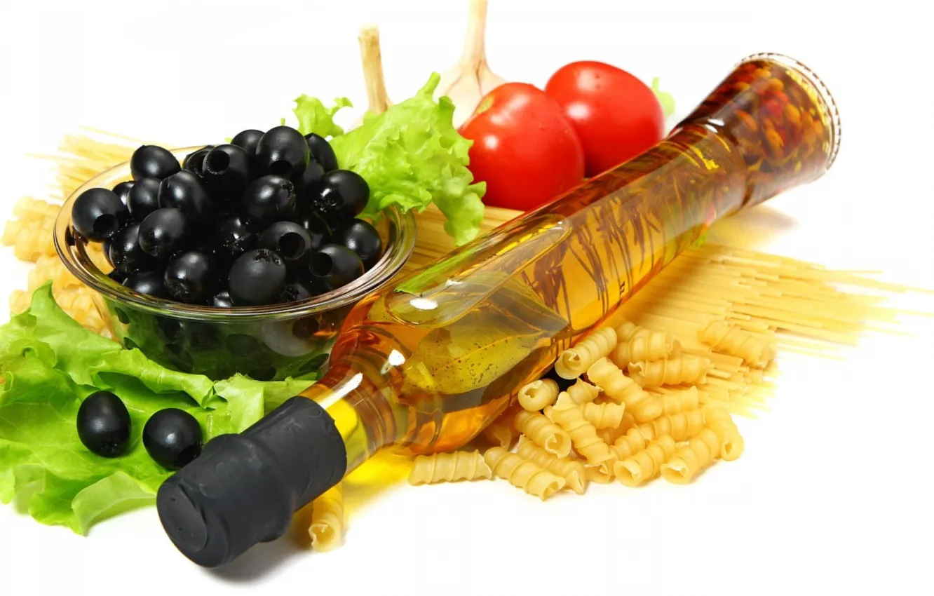 Фото обои помидоры, оливки, салат, маслины, оливковое масло, паста