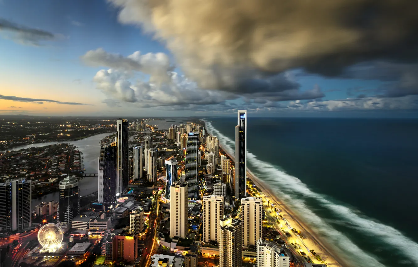 Фото обои город, океан, небоскребы, Australia, Surfers Paradise, City of Gold Coast