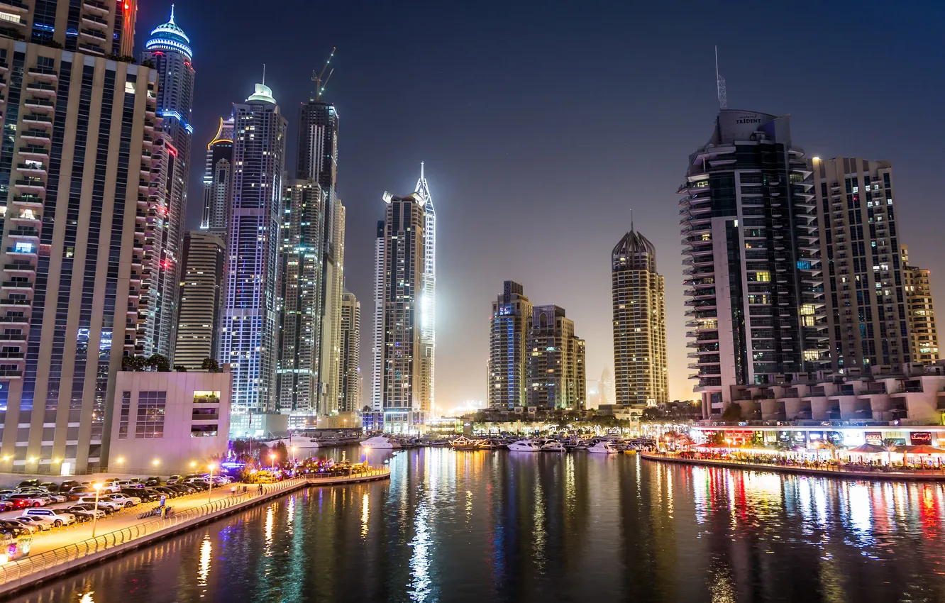 Фото обои ночь, город, река, фото, дома, небоскребы, Dubai, Объединённые Арабские Эмираты