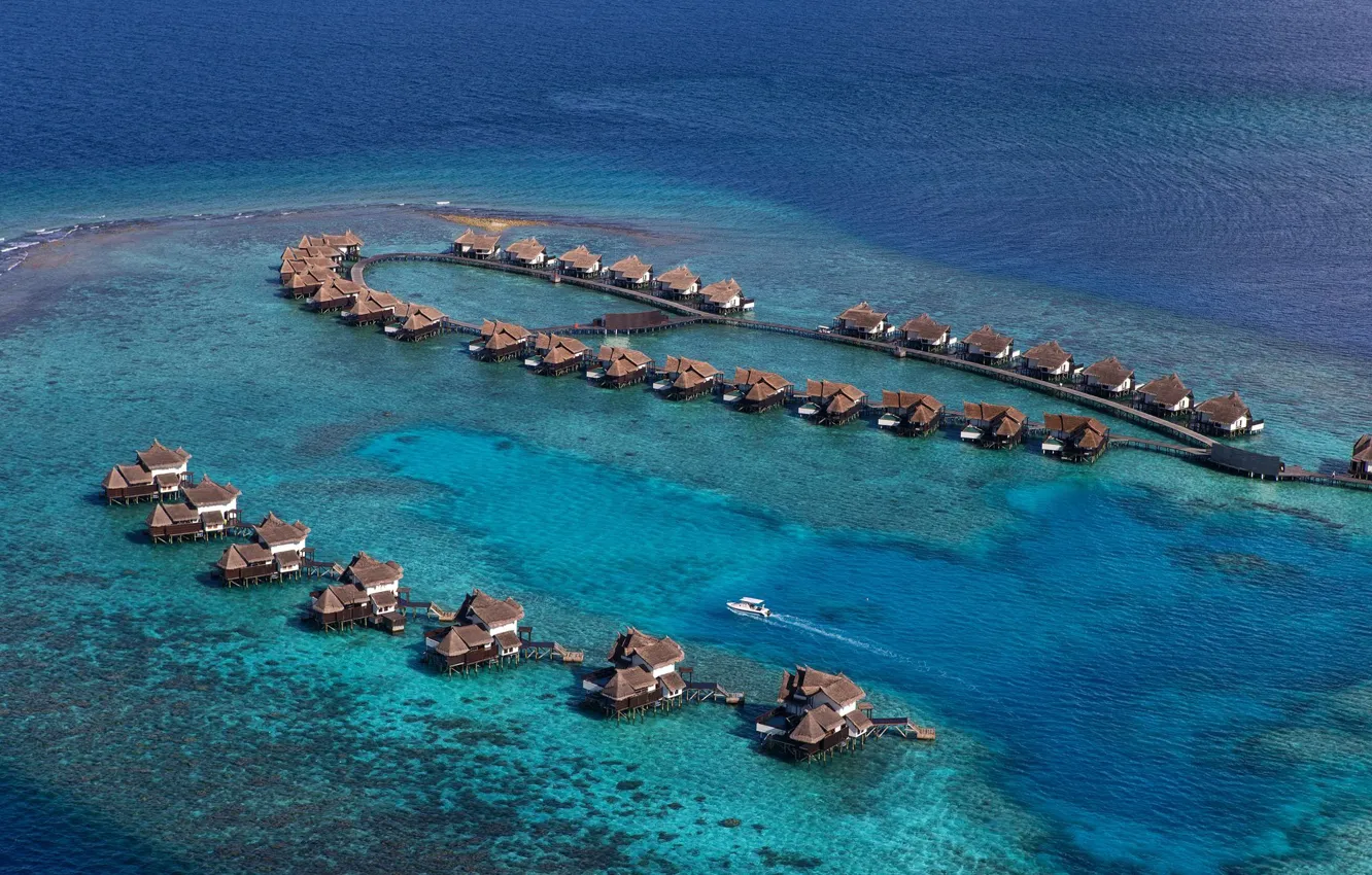Фото обои океан, сверху, Мальдивы, курорт, Maldives, overview at Jumeirah Vittaveli, Water Villas