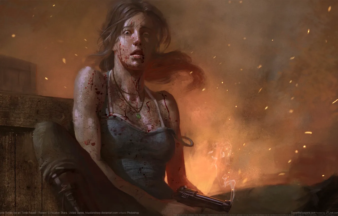 Фото обои девушка, брызги, оружие, кровь, <b>Лара</b> Крофт, game wallpapers, <b>Lara</b> Croft, Расхит...