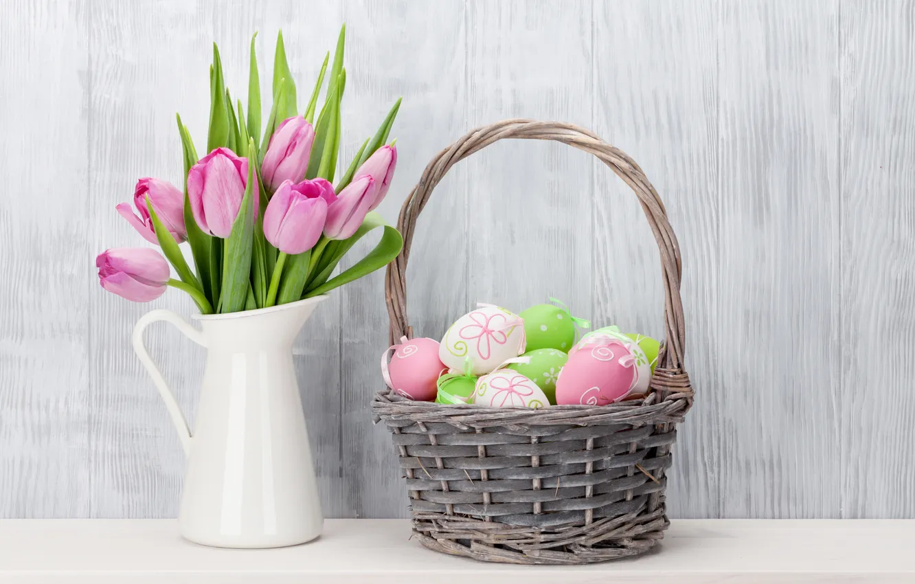 Фото обои цветы, яйца, весна, colorful, Пасха, happy, wood, pink