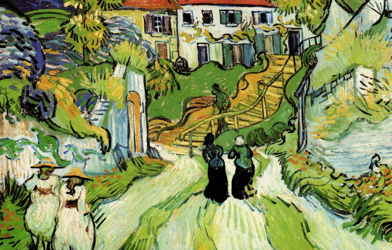 Фото обои Винсент ван Гог, and Steps, in Auvers with Figures, Village Street