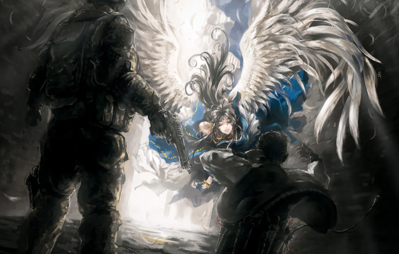 Фото обои девушка, оружие, крылья, аниме, форма, длинные волосы, мужчины, anime