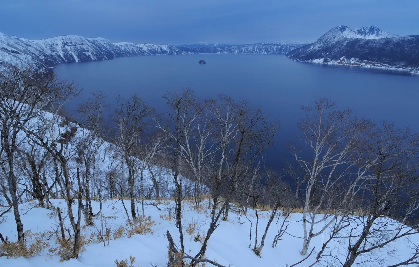 Фото обои зима, снег, деревья, горы, природа, озеро, Mashuko