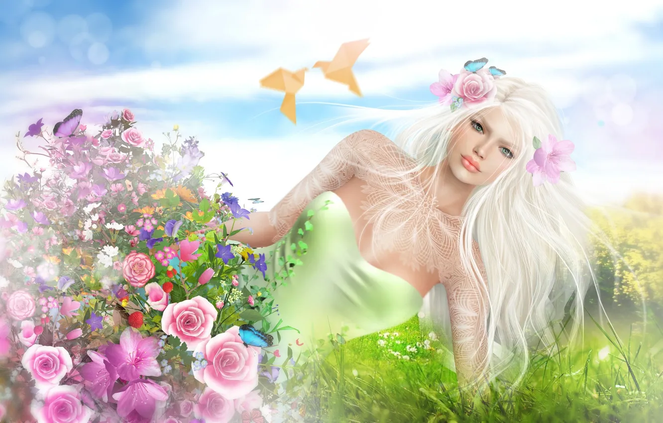 Фото обои девушка, цветы, птицы, весна, блондинка