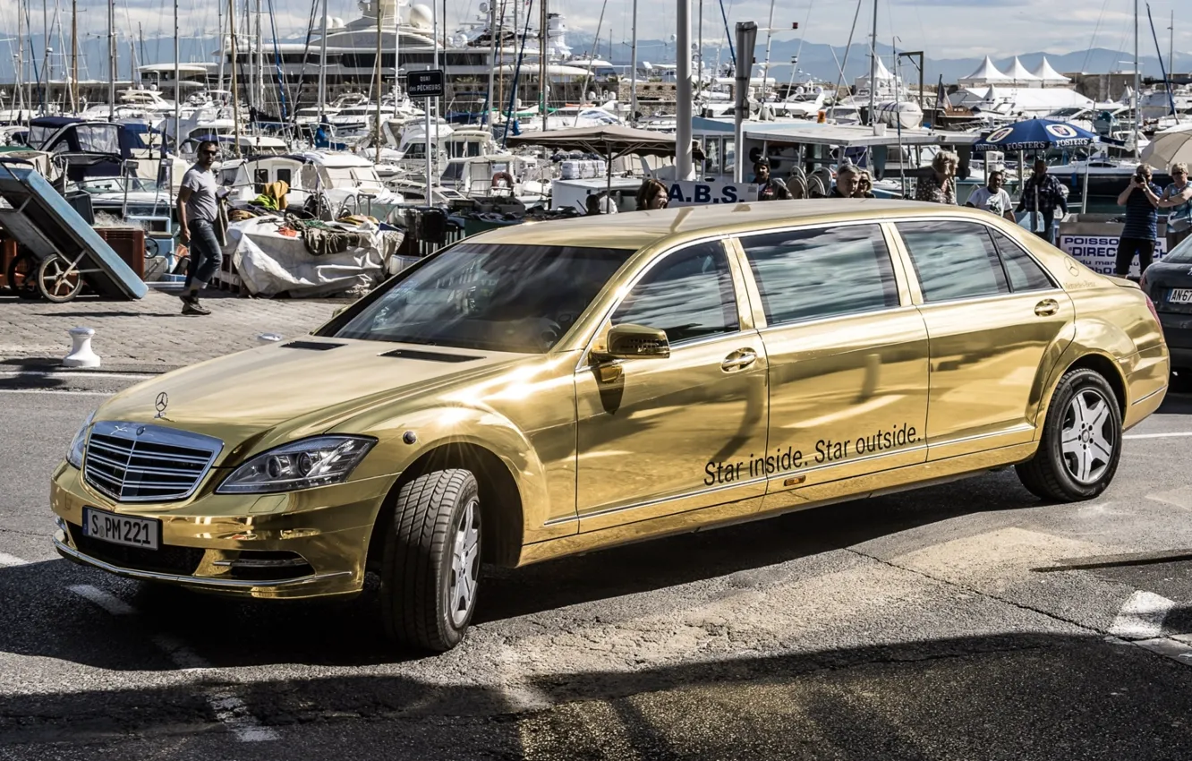Фото обои фон, Mercedes-Benz, яхты, Мерседес, золотой, передок, лимузин, спец.версия
