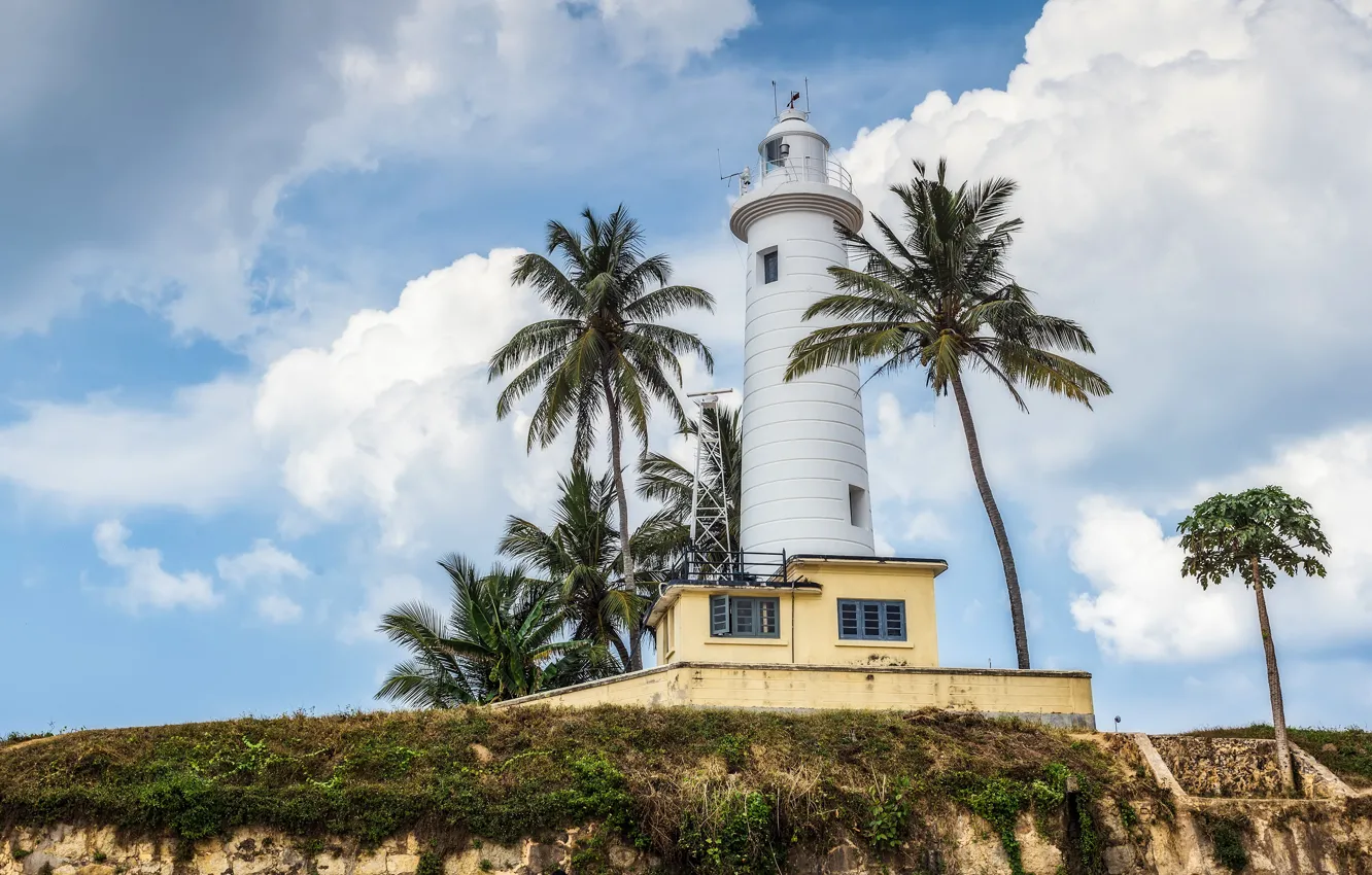 Фото обои небо, облака, пальмы, маяк, Шри-Ланка, Galle