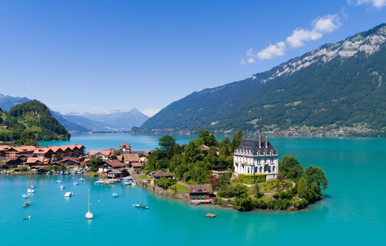 Фото обои горы, город, озеро, Швейцария, Switzerland, Bern, Бриенцское озеро, Seeburg