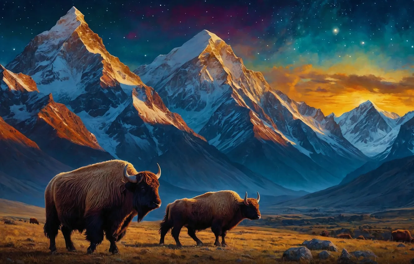 Фото обои animals, art, mountains, bison