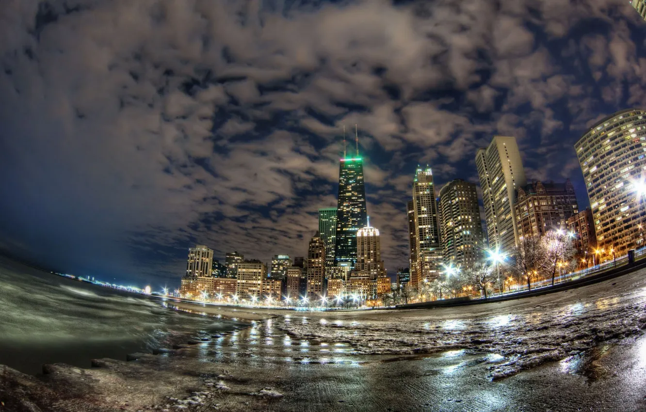 Фото обои ночь, огни, небоскребы, Чикаго, United States, Chicago, Illinois