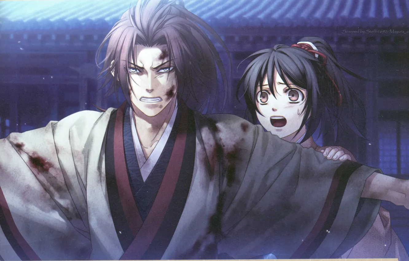 Фото обои самурай, японская одежда, защитник, chizuru yukimura, hakuouki shinsengumi kitan, сказание о демонах сакуры, кровь на …