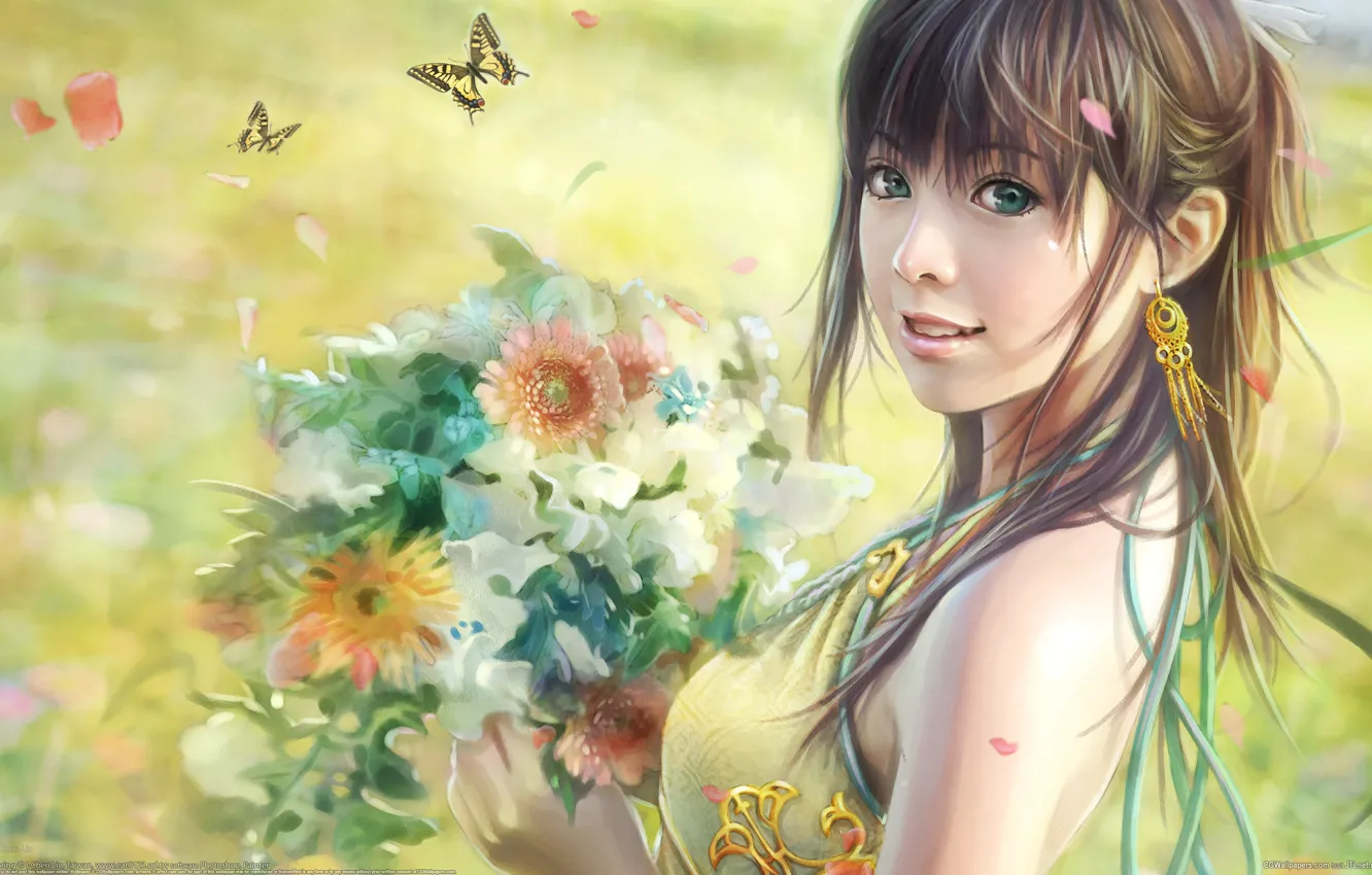 Фото обои бабочки, цветы, рисунок, букет, i-chen lin