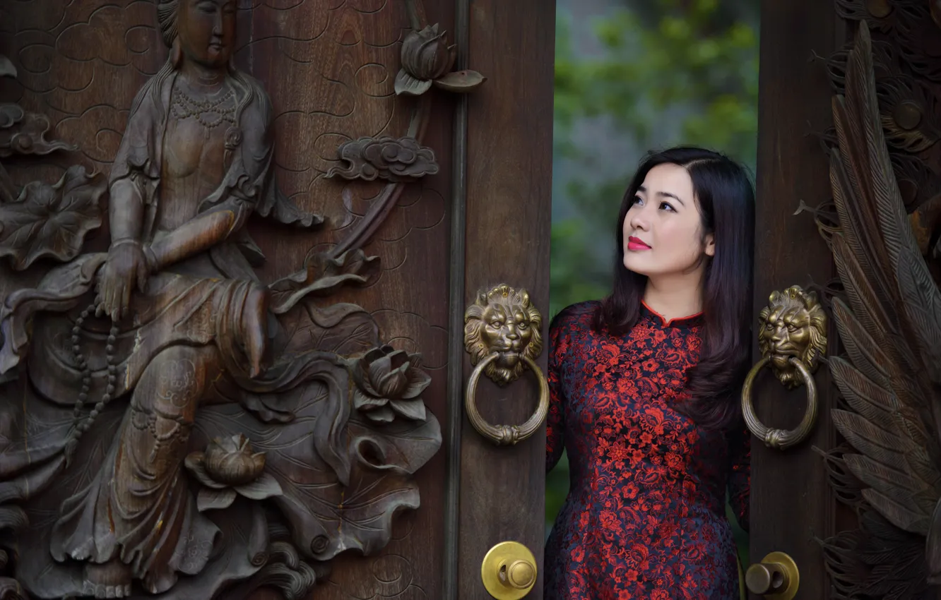 Фото обои девушка, лицо, ворота, платье, азиатка, резьба