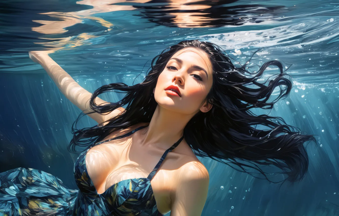 Фото обои грудь, взгляд, вода, девушка, лицо, поза, брюнетка, купание