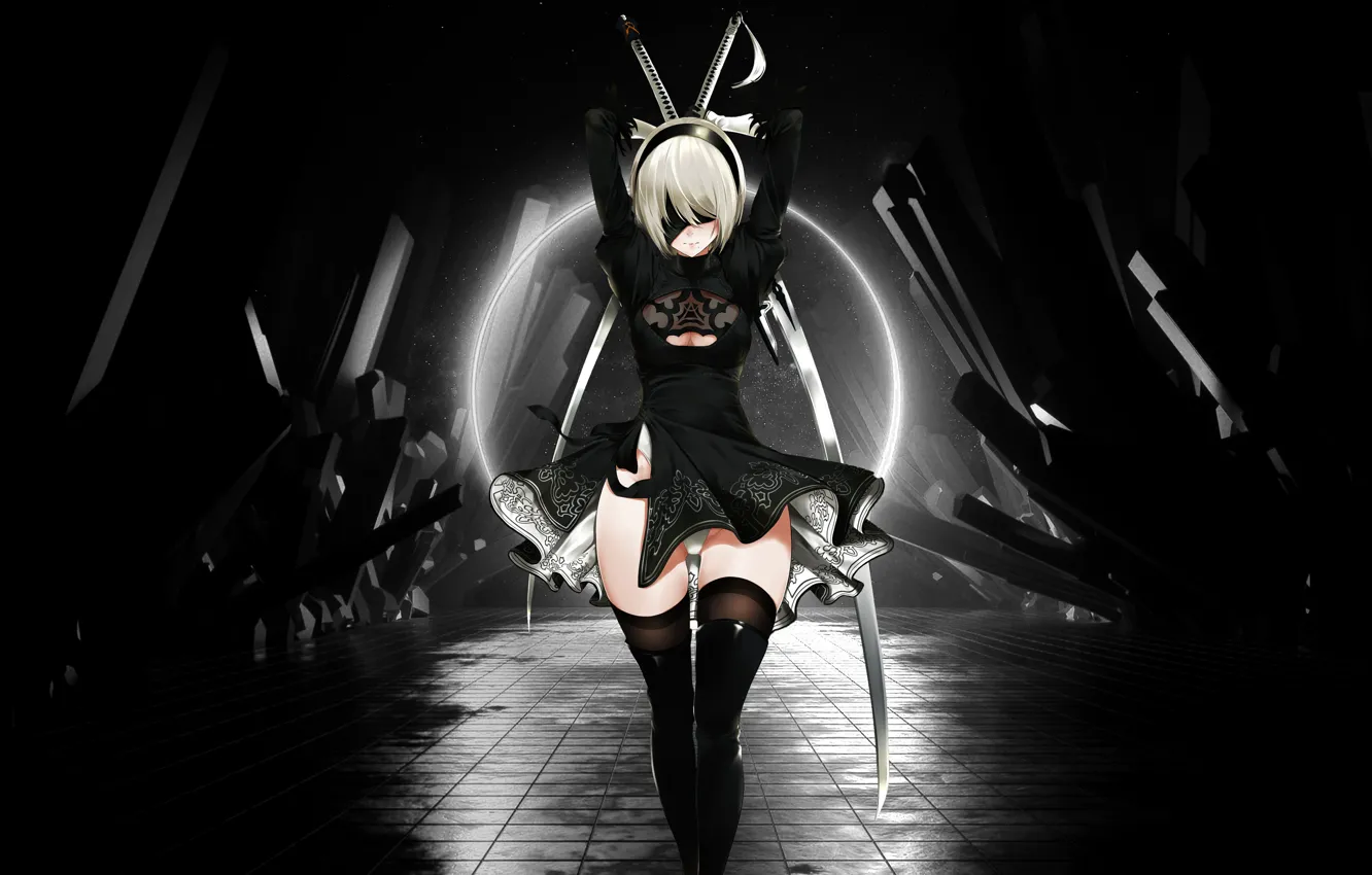 Фото обои black & white, girl, game, anime, nier, nier: automata, nier automata