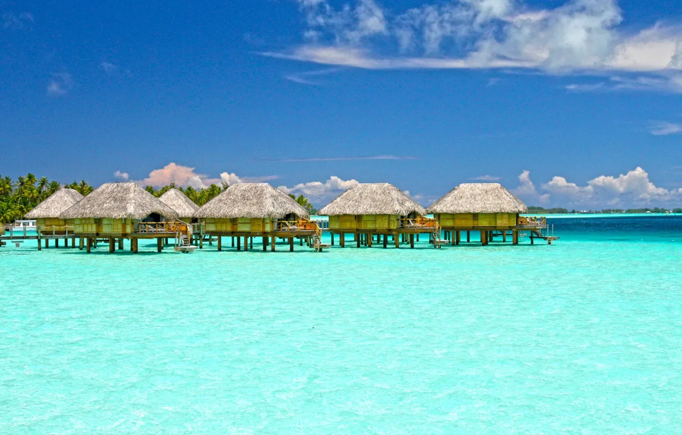 Фото обои океан, отель, лагуна, бунгало, Bora-Bora