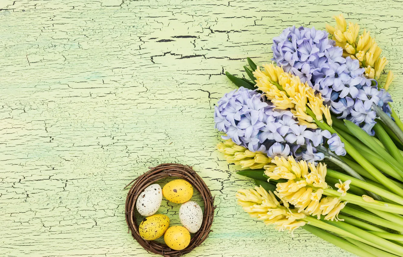 Фото обои цветы, букет, желтые, yellow, flowers, eggs, easter, гиацинты