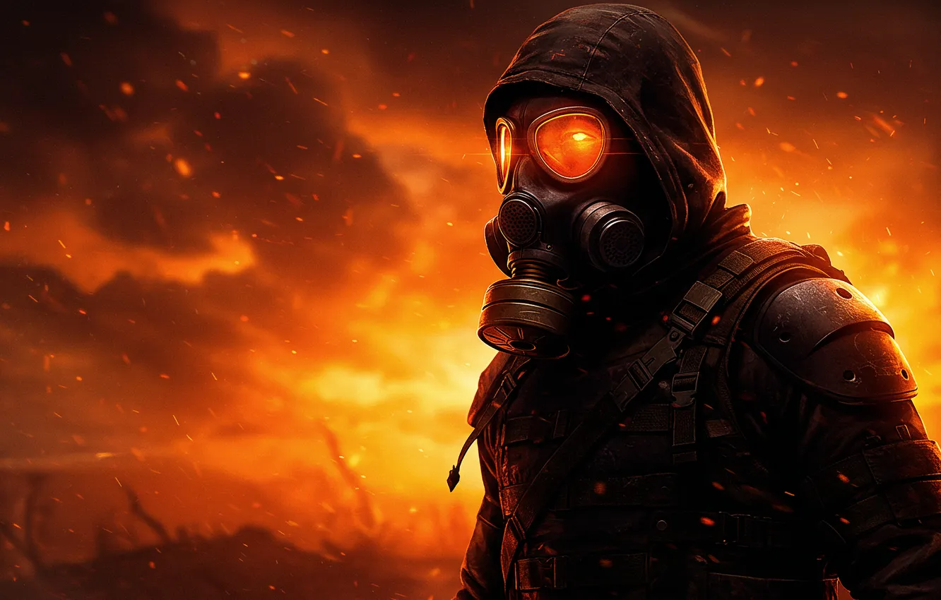 Фото обои огонь, обои, апокалипсис, арт, противогаз, wallpaper, fire, art