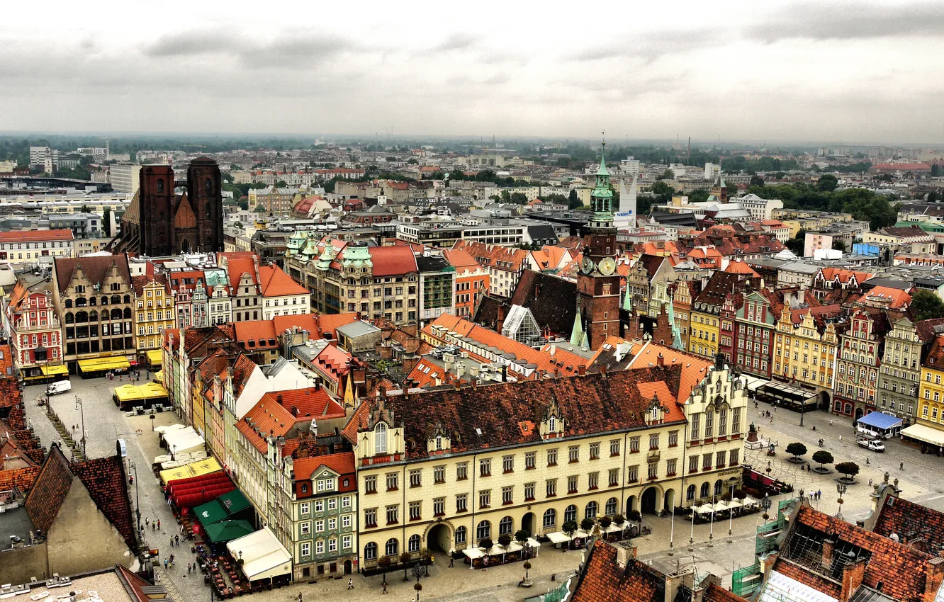 Фото обои дома, Польша, панорама, вид сверху, улицы, Wroclaw