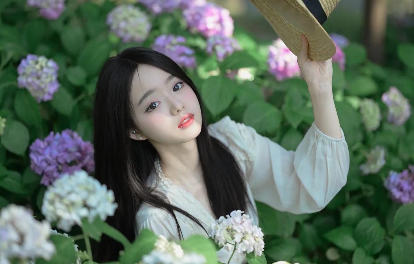 Фото обои Beautiful, Asian, Model, Flowers, Woman, Hat, Cute, Pretty