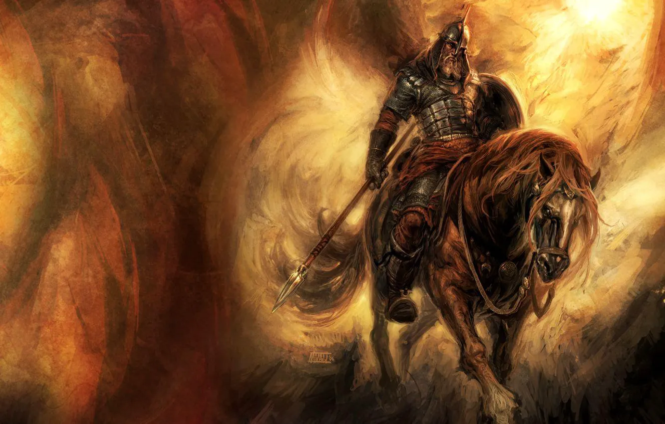 Фото обои конь, воин, щит, кольчуга, богатырь, копьё