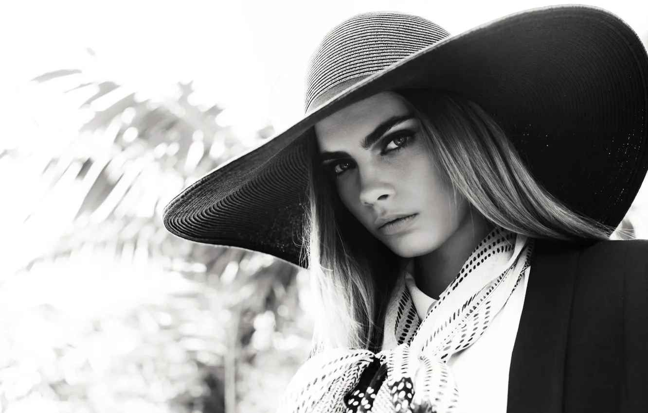 Фото обои портрет, шляпа, актриса, черно-белое, красотка, Cara Delevingne, Кара Делевинь