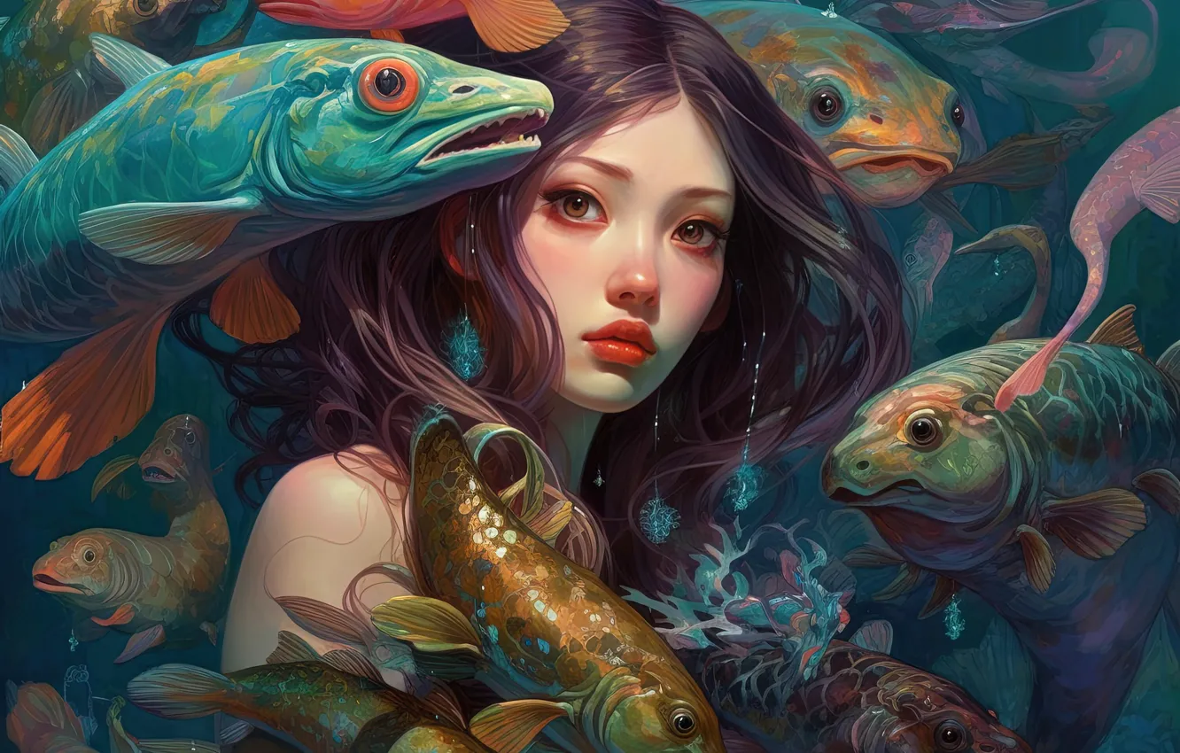 Фото обои взгляд, девушка, рыбы, лицо, русалка, под водой, нейросеть