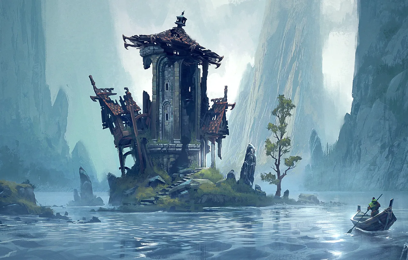 Фото обои house, fantasy, tower, river, mountains, island, ruins, digital art