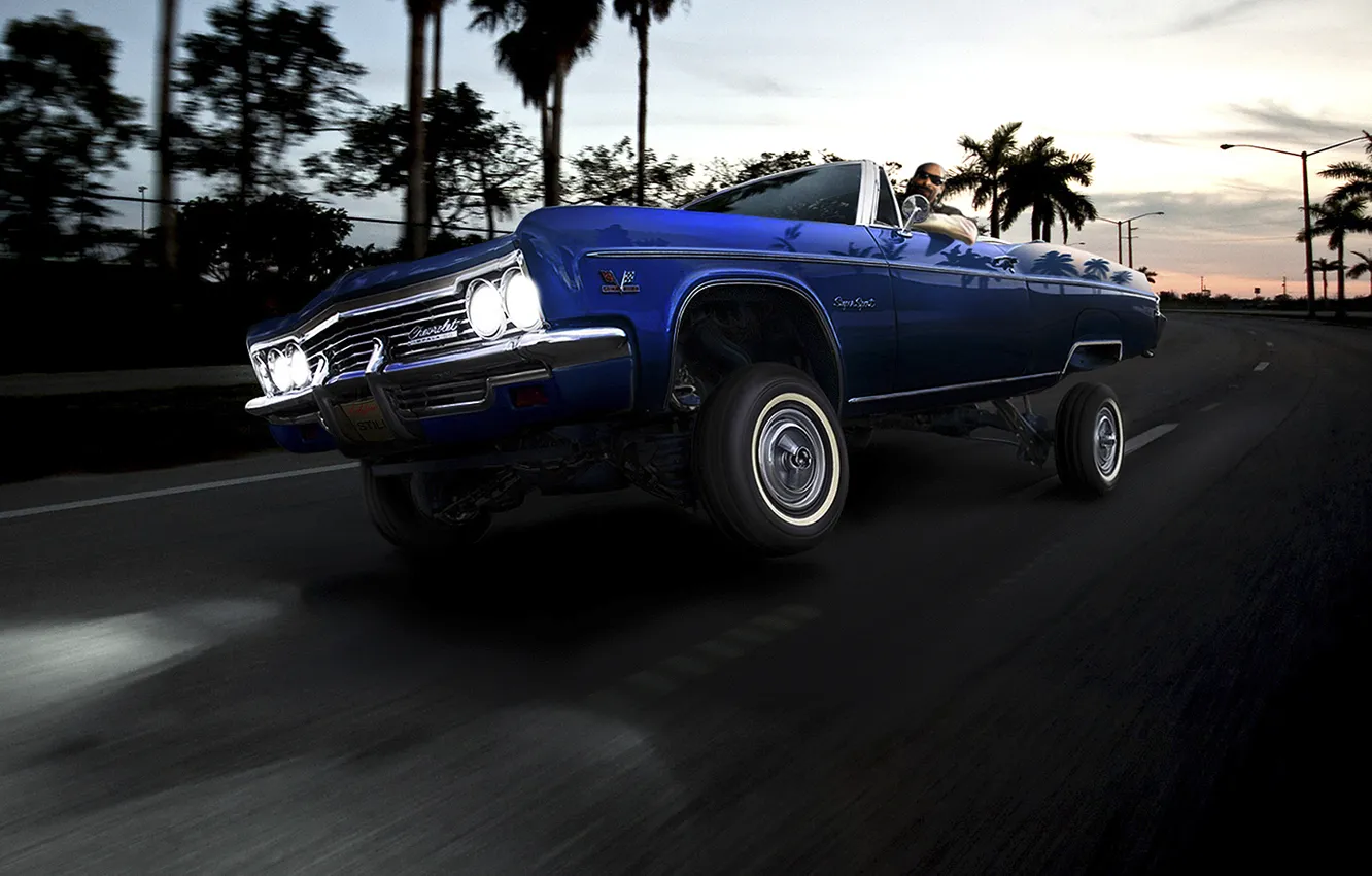 Фото обои закат, пальмы, кабриолет, impala, лоурайдер