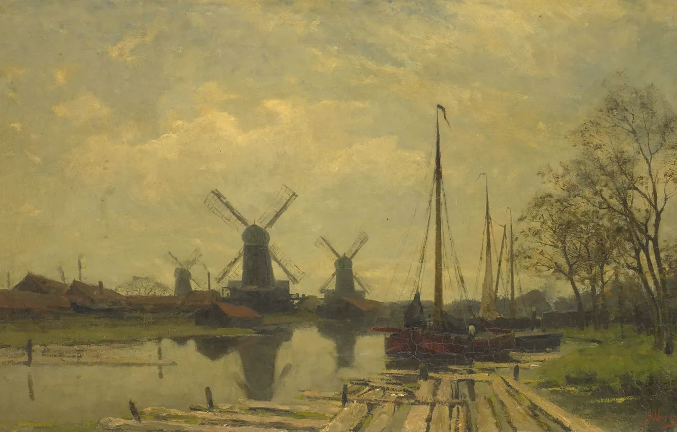 Фото обои пейзаж, масло, картина, холст, Канал с Рыбацкими Лодками в Амстердаме, Jan Hillebrand Wijsmuller